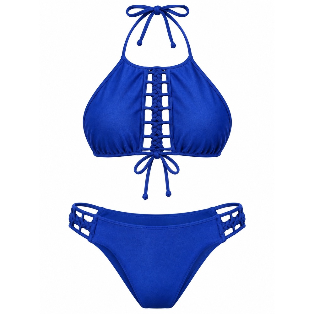 Just Fame Blue Braided Halter Bikini Set Bottoms L Ladder Cutout Two Piece